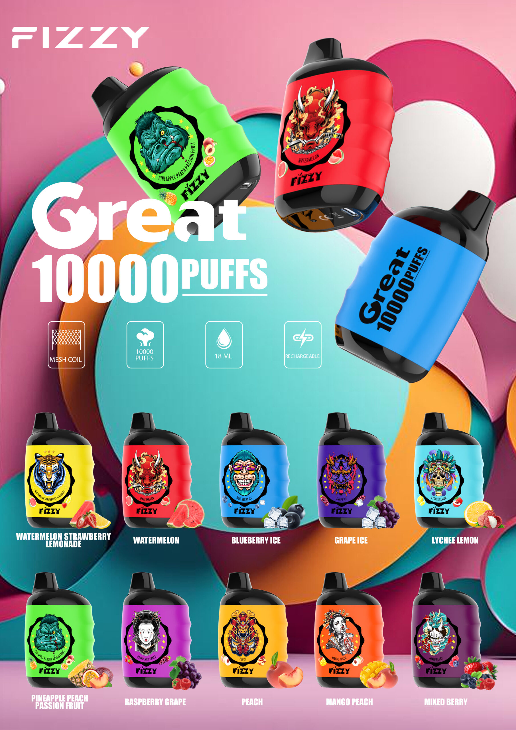 Fizzy Great 10000 Puffs 2% 5% ar zemu nikotīna saturu, atkārtoti uzlādējami vienreizējās lietošanas vapes.